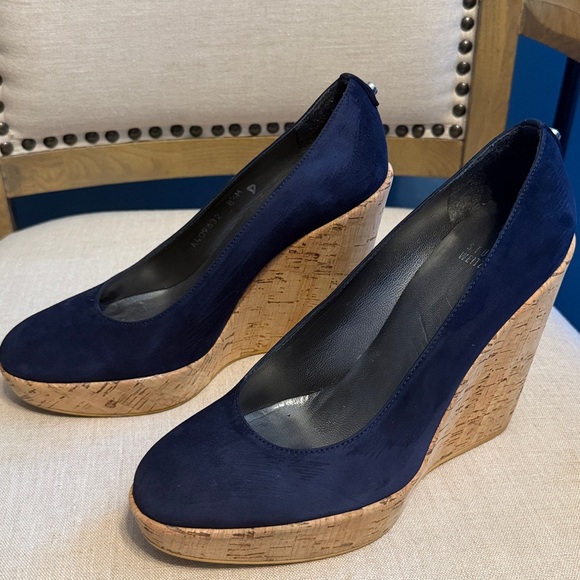 Stuart Weitzman Dark Blue Suede Cork Wedges, Size 8.5 - Picture 2 of 11